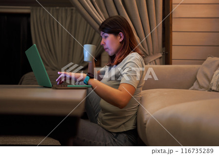 Woman Working on Laptop with Coffee 116735289