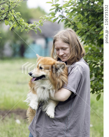 beautiful corgi dog and girl beautiful corgi dog and girl 116735332