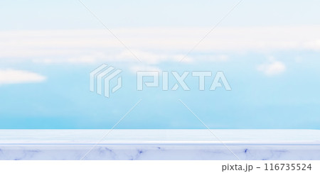 Empty marble surface under clear blue sky with soft clouds, product placement, marketing presentations, and advertising campaigns. Perfect backdrop for showcasing item 116735524