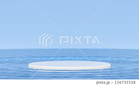 Product Presentation podium, Circular Platform Centered on Calm Water, Showcasing Products, Serene Blue Sky, Highlighting Items 116735538
