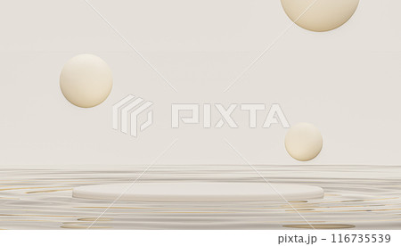 Empty White Marble Circular Platform podium. spheres levitating over reflective watery background with gentle ripples, modern product placement, peaceful setting for advertising backdrop Empty White Marble Circular Platform podium. spheres levitating over reflective watery background with gentle ripples, modern product placement, peaceful setting for advertising backdrop 116735539