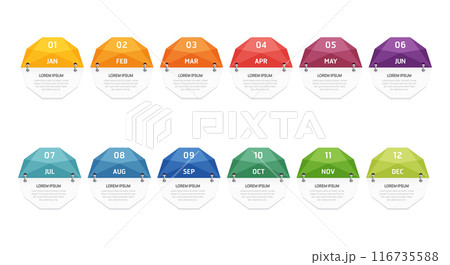 Infographic template for business. 12 Months geometric Timeline element diagram calendar, 4 quarter steps milestone presentation vector infographic. 116735588