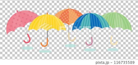 Vector image of a row of colorful umbrellas with different patterns 116735589