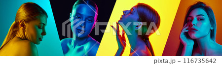 Collage made of portrait of woman posing in vibrant neon light against multicolored gradient studio background. Elegance and confidence. Collage made of portrait of woman posing in vibrant neon light against multicolored gradient studio background. Elegance and confidence. 116735642