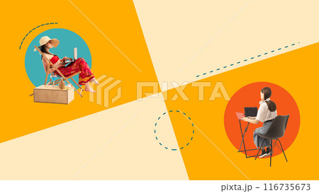 Contemporary art collage. Two women working on laptops against abstract colorful background with dotted lines. Contemporary art collage. Two women working on laptops against abstract colorful background with dotted lines. 116735673