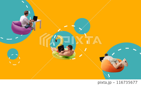 Contemporary art collage. People working on laptops in relaxing poses against colorful background with circles and dotted lines. Contemporary art collage. People working on laptops in relaxing poses against colorful background with circles and dotted lines. 116735677
