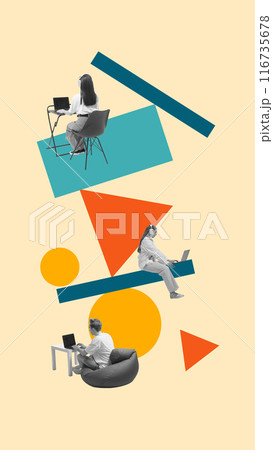 Contemporary art collage. Young people working or studying remotely against background with geometric shapes and vibrant colors. Contemporary art collage. Young people working or studying remotely against background with geometric shapes and vibrant colors. 116735678