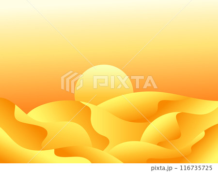Gradient landscape, sunset in the desert. Sun over sand dunes. Sunrise in the desert in minimalist style. Design of covers, posters, banners and booklets. Vector illustration 116735725
