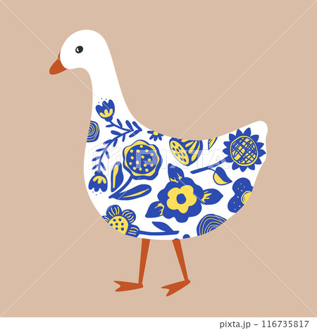 Abstract cartoon goose painted with flowers. Cartoon nursery, folk, or Scandinavian style. Vector isolated illustration, blue and yellow 116735817