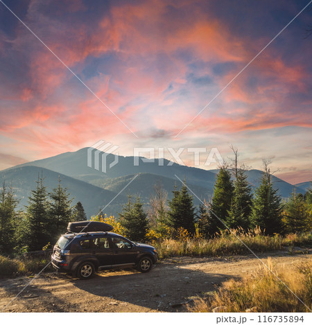 car for traveling with a mountain road 116735894