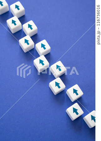 Blocks with arrows laid out in a directional chain. Path and progress. Progress. Life path. Conceptually, minimalism. Mind your own business. 116736016