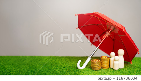 Property, life, health and finance insurance concept. Endowment policy. Financial protection. Family figures with coins stand under a red umbrella. Property, life, health and finance insurance concept. Endowment policy. Financial protection. Family figures with coins stand under a red umbrella. 116736034