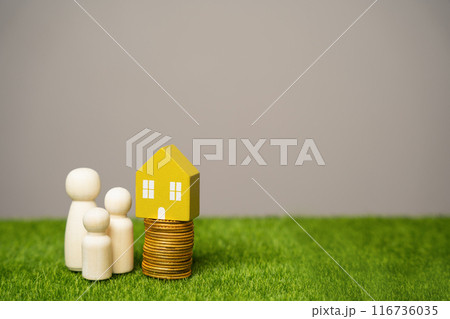 Miniature figures of the family stand near the house and coins. The concept of family budget, mortgage lending and money in the family. Real estate and housing Miniature figures of the family stand near the house and coins. The concept of family budget, mortgage lending and money in the family. Real estate and housing 116736035