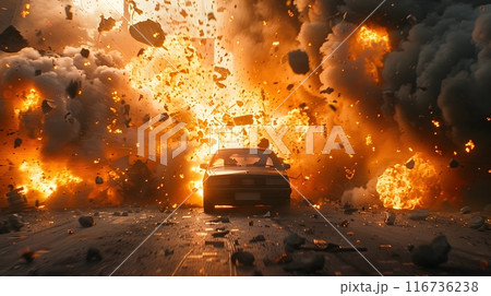 Massive Fiery Car Crash With Intense Explosions and Billowing Smoke in Dramatic Action Scene Massive Fiery Car Crash With Intense Explosions and Billowing Smoke in Dramatic Action Scene 116736238