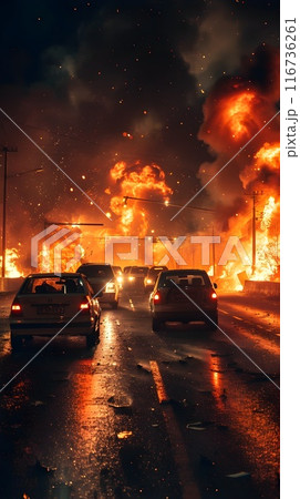 Nighttime Highway Engulfed in Flames and Explosive Destruction After Devastating Car Crash Incident 116736261