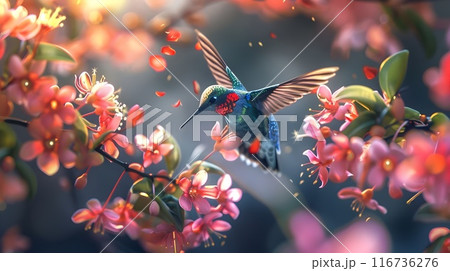 Radiant Hummingbird Hovering Amid Vibrant Blossoms in Lush Garden Setting 116736276