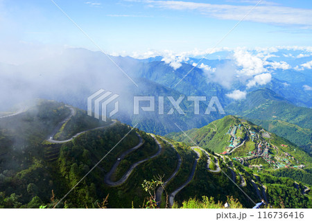 Old Silk Route Zig Zag Road with Zuluk Village in Background Old Silk Route Zig Zag Road with Zuluk Village in Background 116736416