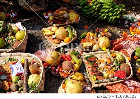 Prasad offered to Lord Sun during Chhath Puja at Kolkata Babu Ghat Prasad offered to Lord Sun during Chhath Puja at Kolkata Babu Ghat 116736528