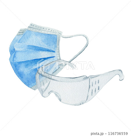 Protection medical face mask and glasses against virus, flu and pollution. Hand drawn watercolor illustration isolated on the white background. Protection medical face mask and glasses against virus, flu and pollution. Hand drawn watercolor illustration isolated on the white background. 116736559