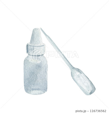 Plastic bottle and pipette, vaccine and syringe injection set. Epidemic and pandemic concept. Watercolor illustration isolated on white background 116736562