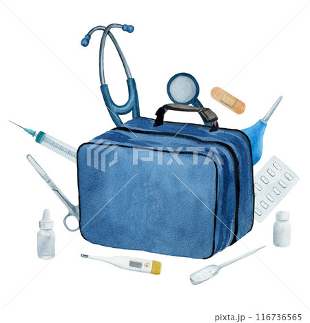 Red medical case, composition with stethoscope, plaster, pills and bottles. Watercolor illustration, composition isolated on white background. 116736565