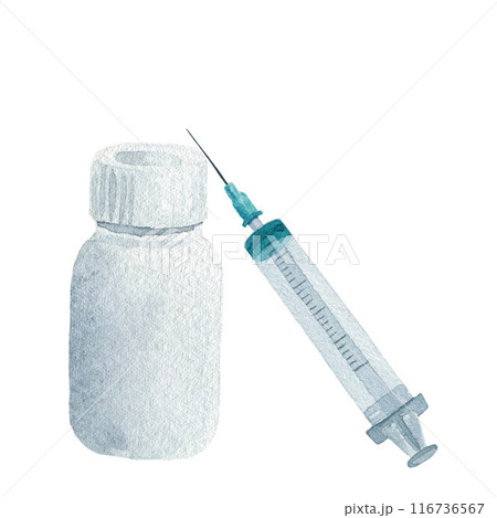 Plastic bottle and syringe, vaccine and syringe injection set. Epidemic and pandemic concept. Watercolor illustration isolated on white background 116736567
