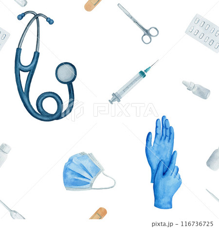 Seamless pattern with stethoscope, plaster, mask and bottles. Watercolor isolated on white background. For design of textile, fabric, wrapping paper 116736725