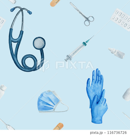 Seamless pattern with stethoscope, plaster, mask and bottles. Watercolor isolated on blue background. For design of textile, fabric, wrapping paper Seamless pattern with stethoscope, plaster, mask and bottles. Watercolor isolated on blue background. For design of textile, fabric, wrapping paper 116736726