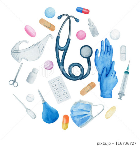 Medical round card, circle composition with stethoscope, plaster, pills, scissors, gloves and bottles. Watercolor illustration on white background. Medical round card, circle composition with stethoscope, plaster, pills, scissors, gloves and bottles. Watercolor illustration on white background. 116736727