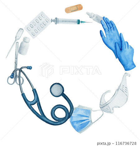 Medical round card, circle composition with stethoscope, plaster, mask, scissors, gloves and bottles. Watercolor illustration on white background. Medical round card, circle composition with stethoscope, plaster, mask, scissors, gloves and bottles. Watercolor illustration on white background. 116736728