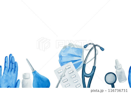 Medical seamless border, composition with stethoscope, gloves, pills, mask and bottles. Watercolor illustration isolated on white background. 116736731