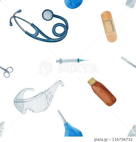 Seamless pattern with stethoscope, plaster, pills and bottles. Watercolor isolated on white background. For design of textile, fabric, wrapping paper 116736732