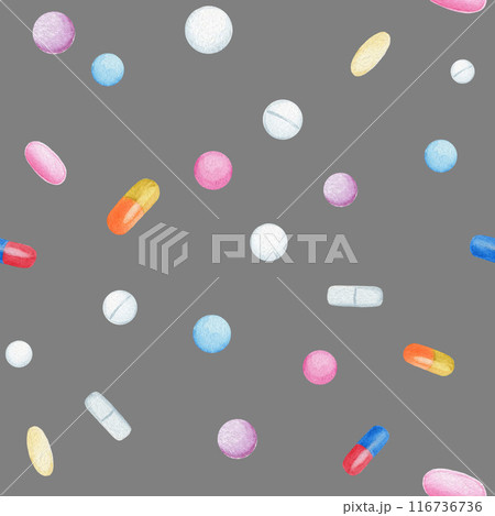Seamless pattern with pills and capsules. Watercolor illustration isolated on gray background. For design of medical textile, fabric, wrapping paper Seamless pattern with pills and capsules. Watercolor illustration isolated on gray background. For design of medical textile, fabric, wrapping paper 116736736