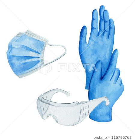 Protection medical face mask, medical gloves and glasses. Watercolor illustration on white background, elements about pharmaceutics, hospital, doctor. 116736762