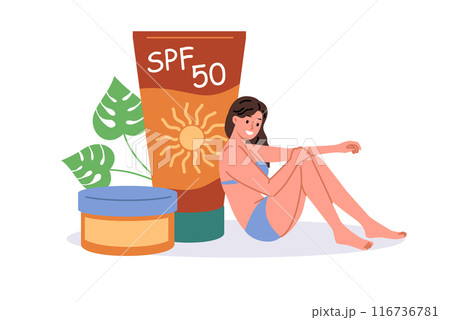 Woman uses SPF cream to prevent effects of ultraviolet radiation on skin, dressed in bikini 116736781