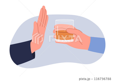 Refusal from alcohol is demonstrated by man hand, near glass of whiskey, which causes intoxication Refusal from alcohol is demonstrated by man hand, near glass of whiskey, which causes intoxication 116736788