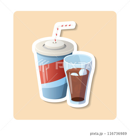 Paper cup with straw and glass with ice cubes containing soda is refreshing on hot summer day Paper cup with straw and glass with ice cubes containing soda is refreshing on hot summer day 116736989