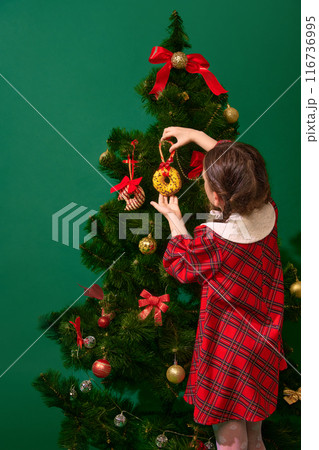 Beautiful little girl, child in red checkered festive dress and braids decorating Christmas tree with donuts, set against green studio background Beautiful little girl, child in red checkered festive dress and braids decorating Christmas tree with donuts, set against green studio background 116736995