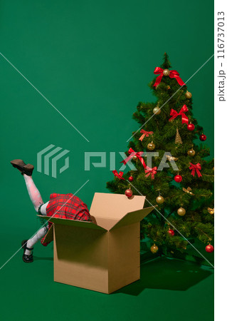 Little girl in checkered dress looking inside carton box behind decorated Christmas tree against green studio background 116737013