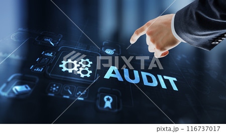 Audit. Checking the financial statements of the company. Businessman touching Audit on 3d virtual screen 116737017