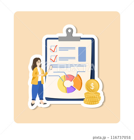 Businesswoman managing financial report with checklist and pie chart on clipboard for successful investment strategy 116737058