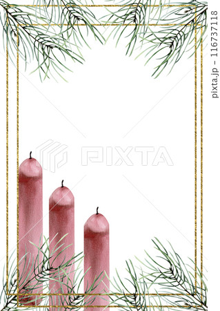 Watercolor Christmas and new year card template with green pine branches and red candles. Hand drawn winter elements in golden frames for seasonal party invitation, greeting card, packing design Watercolor Christmas and new year card template with green pine branches and red candles. Hand drawn winter elements in golden frames for seasonal party invitation, greeting card, packing design 116737118