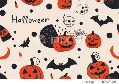 Halloween pumpkin Jack seamless pattern. Holiday party wrapping paper scary character design. Halloween creepy spooky card template vector illustration 116737126