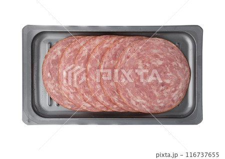 ham cut into pieces on plastic package ham cut into pieces on plastic package 116737655