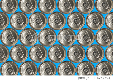 Tops of soda cans. Aluminum cans of soda background. 116737693
