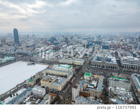 Embankment of the central pond and Plotinka. The historic center of the city of Yekaterinburg, Russia, Aerial View Embankment of the central pond and Plotinka. The historic center of the city of Yekaterinburg, Russia, Aerial View 116737991