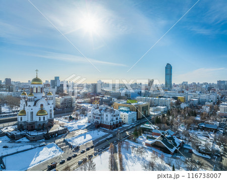 Winter Yekaterinburg and Temple on Blood in beautiful cloudy sunset. Aerial view of Yekaterinburg, Russia. Translation of the text on the temple 116738007