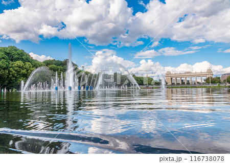 Fountain in the Gorky Park in hot summer day. Fountain in the Gorky Park in hot summer day. 116738078