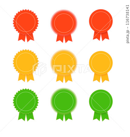 Medal set with ribbon. Trophy award badges, achievement flat label. Vector 116738141
