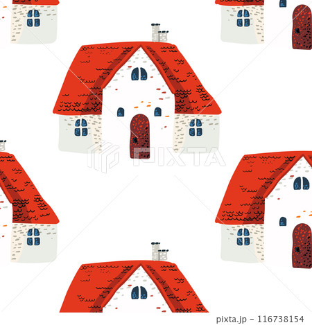 Seamless pattern. A simple fairytale house with a red roof in Scandinavian style. White background for cards, posters. Packaging paper and textiles 116738154